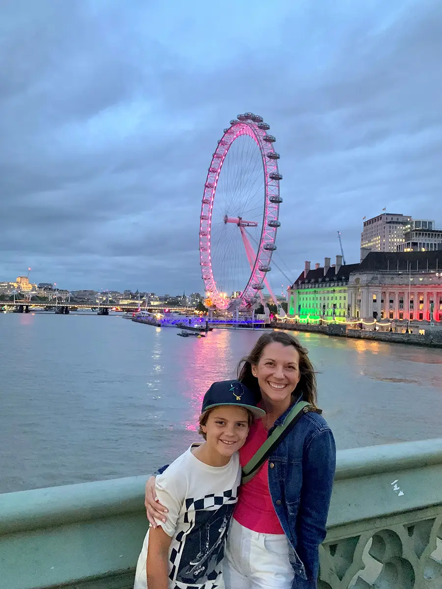 Katie Cason with son in front of London Eye